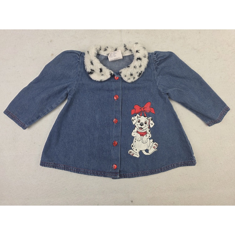 90s Vintage Kids Disney 101 Dalmatians‎ Denim Shirt Fluffy Collar Toddler 3T USA